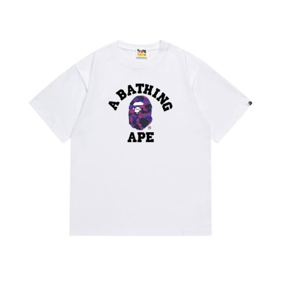 White BAPE T-Shirt with "A BATHING APE" College Logo and Purple Camo Ape Head